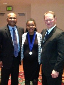 Mrs. Beard with Board President Mr. Bill Turner, and Allisonville Principal Mr. Pomerenke