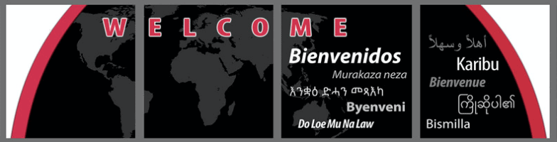 Welcome written in other languages with greyscale globe in background