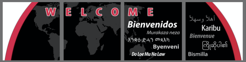 Multilingual Banner Welcome Bienvenidos Welcome written in other languages with greyscale globe in background