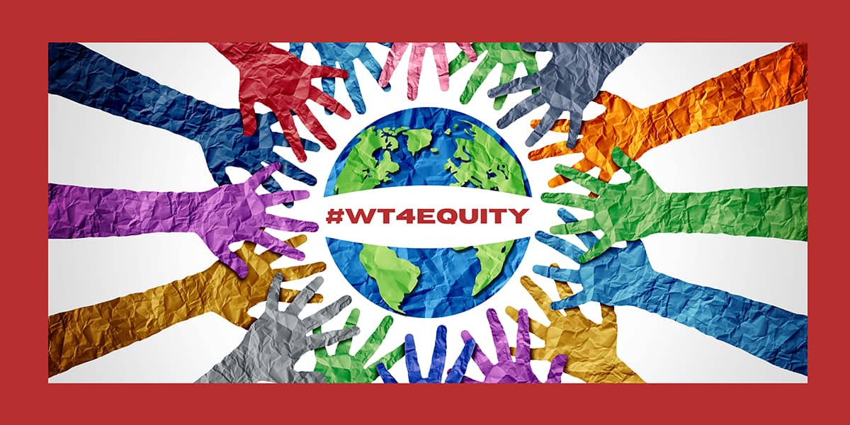 #wt4equity text overlay on paper world with paper hands reaching out toward them